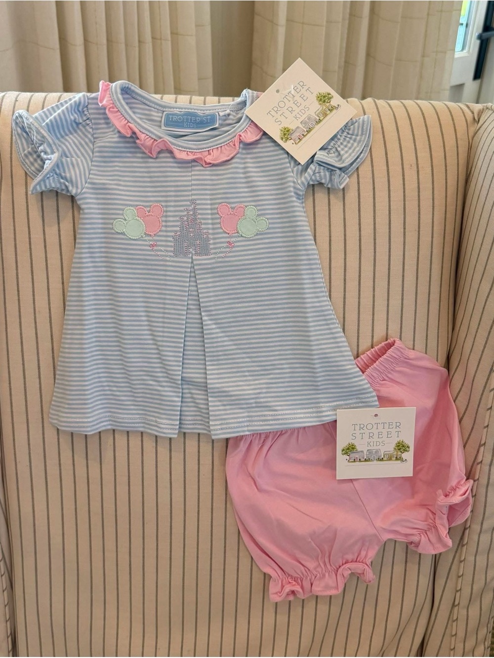 Trotter Street Girls Blue Stripe Top & Pink Bloomers Set - Minnie Mouse / Disney